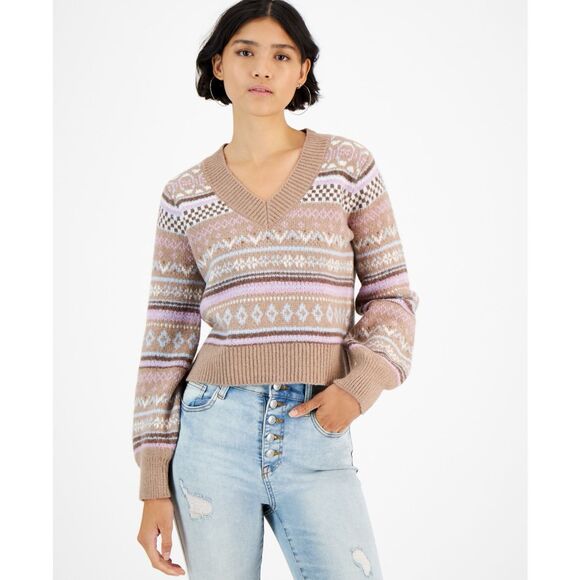 Hippie Rose Juniors' Printed Bubble-Sleeve V-Neck Sweater - Mocha Fairsile Combo - Picture 1 of 3